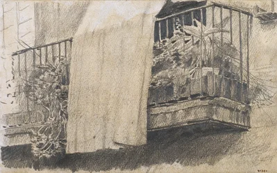Balcony with Flowers and Curtain